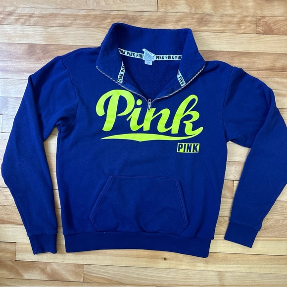 Victorias Secret Pink Half Zip Sweater Blue & Neon Green Size XS - Picture 1 of 10